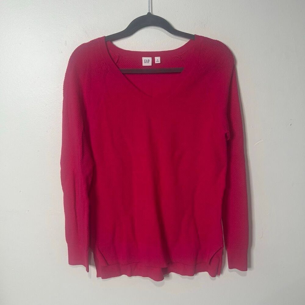GAP Hot Pink Tunic Sweater V-Neck Size M Cotton/Nylon/Acrylic